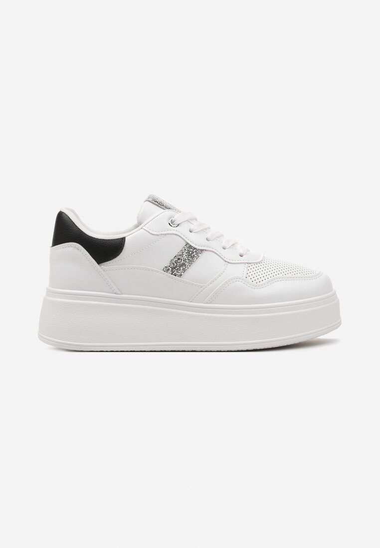 Biało-Srebrne Sneakersy z Ekoskóry za Kostkę ze Sznurowaniami Zdobione Perforacją Raviana