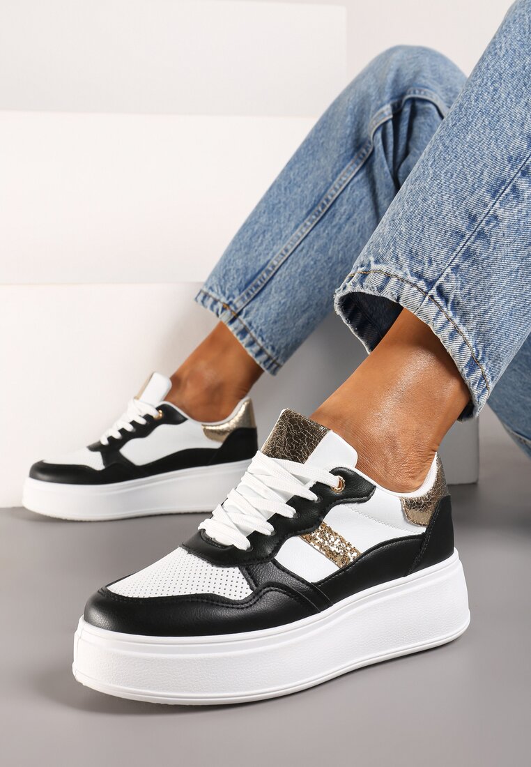 Czarno-Białe Sneakersy z Ekoskóry za Kostkę ze Sznurowaniami Zdobione Perforacją Raviana