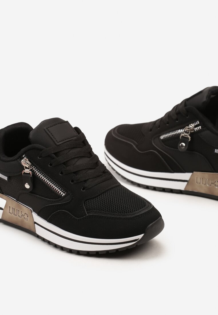 Czarne Sneakersy z Ozdobnym Suwakiem na Boku i Metalowymi Wstawkami Lavaria