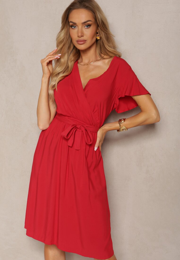Czerwona Rozkloszowana Sukienka Midi z Wiązanym Paskiem Elemia