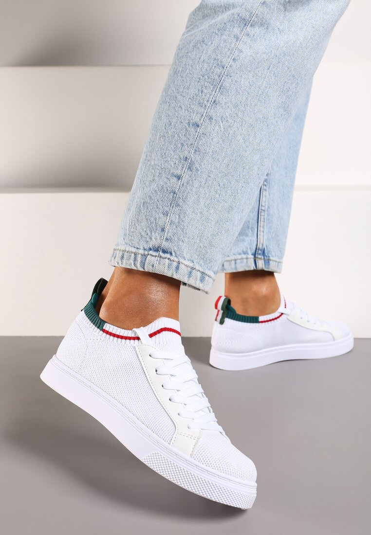 Biało-Zielone Płaskie Sneakersy Wsuwane z Imitacji Skóry ze Sznurowaniami Gaxia