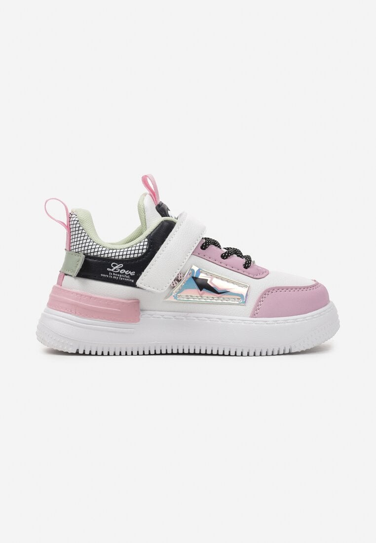 Biało-Różowe Buty Sportowe Sneakersy ze Skórzaną Wkładką i Metaliczną Naszywką Pezisya