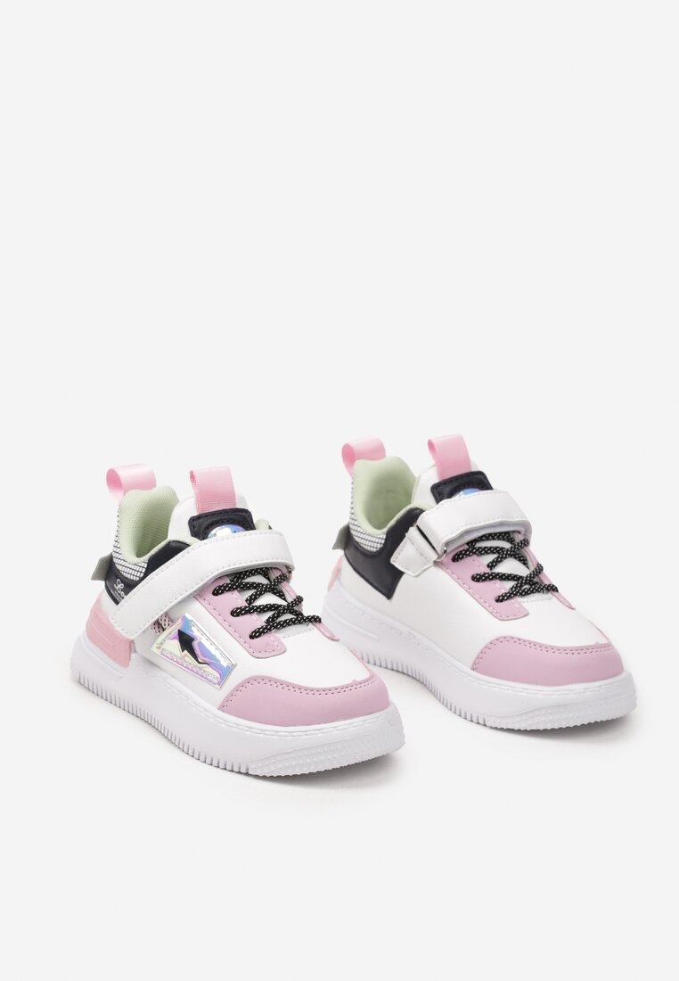 Biało-Różowe Buty Sportowe Sneakersy ze Skórzaną Wkładką i Metaliczną Naszywką Pezisya