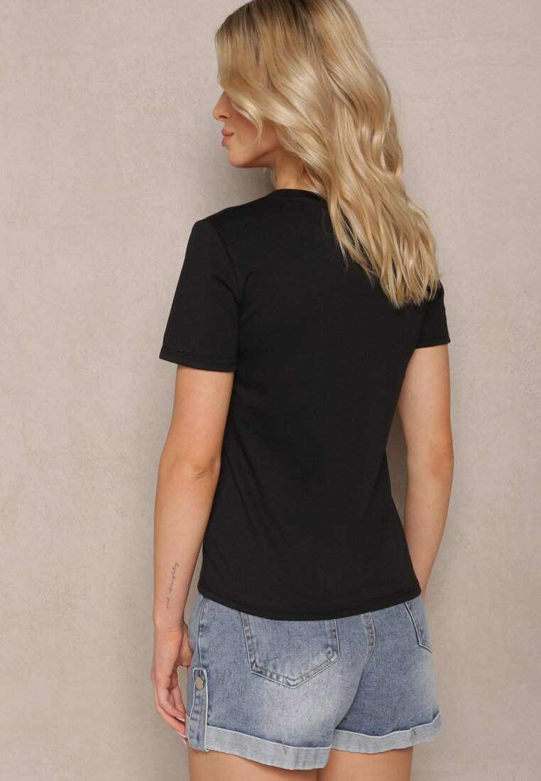 Czarny T-shirt Koszulka z Krótkim Rękawem i Okrągłym Dekoltem Tiarella