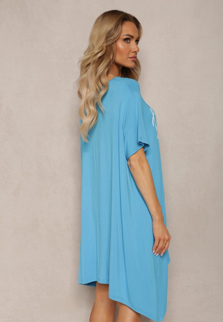 Niebieska Asymetryczna Sukienka Tunika z Wiskozy Ozdobiona Napisem Fiatta