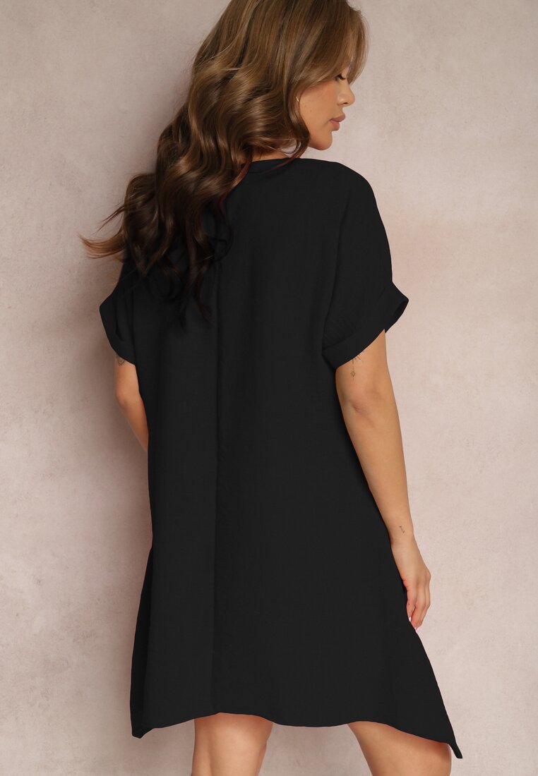 Czarna Tunika Sukienka z Krótkim Rękawem i Asymetrycznym Wykończeniem Fumiana