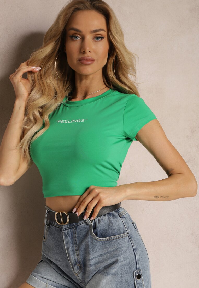Zielony T-shirt o Dopasowanym Fasonie Cropped z Napisem Zaloella