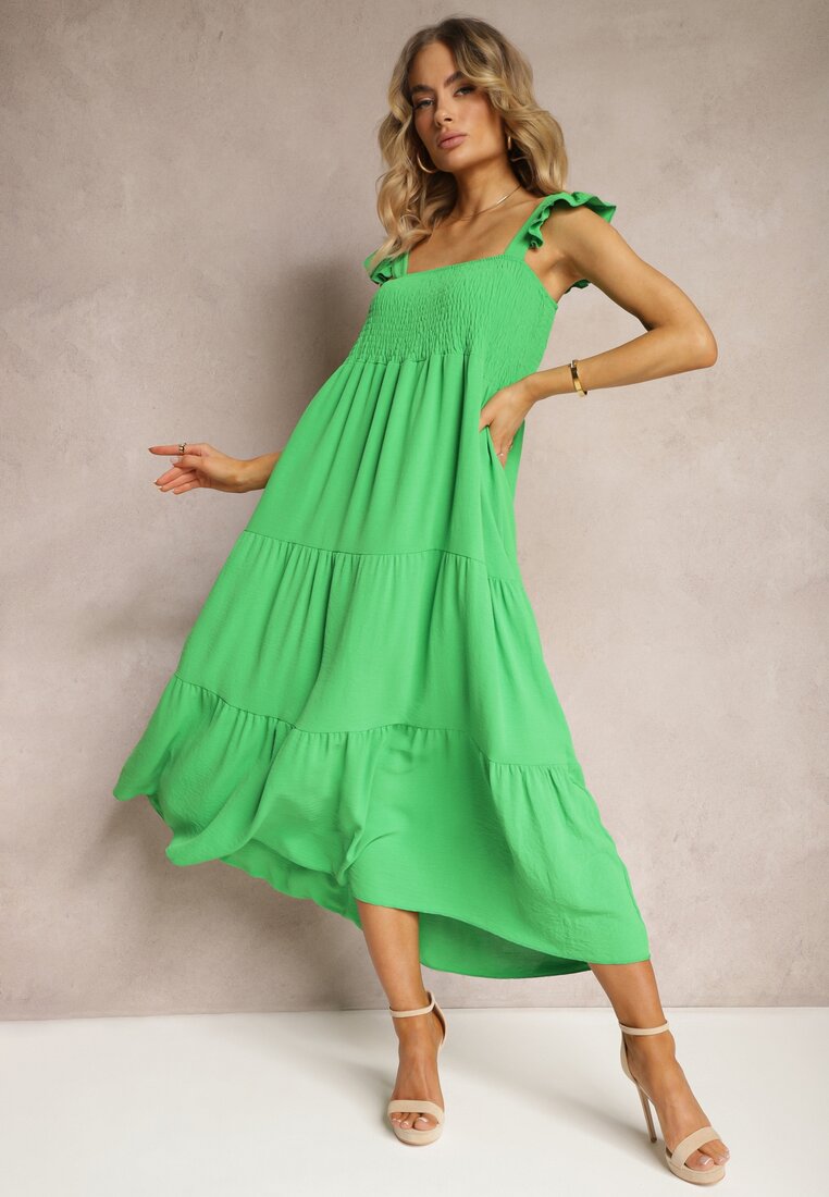 Zielona Rozkloszowana Sukienka na Grubych Ramiączkach z Falbankami Gasena