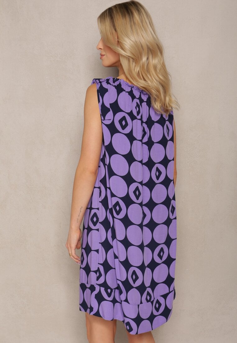 Granatowo-Fioletowa Pudełkowa Sukienka z Wiskozowej Tkaniny w Geometryczny Print Saloella