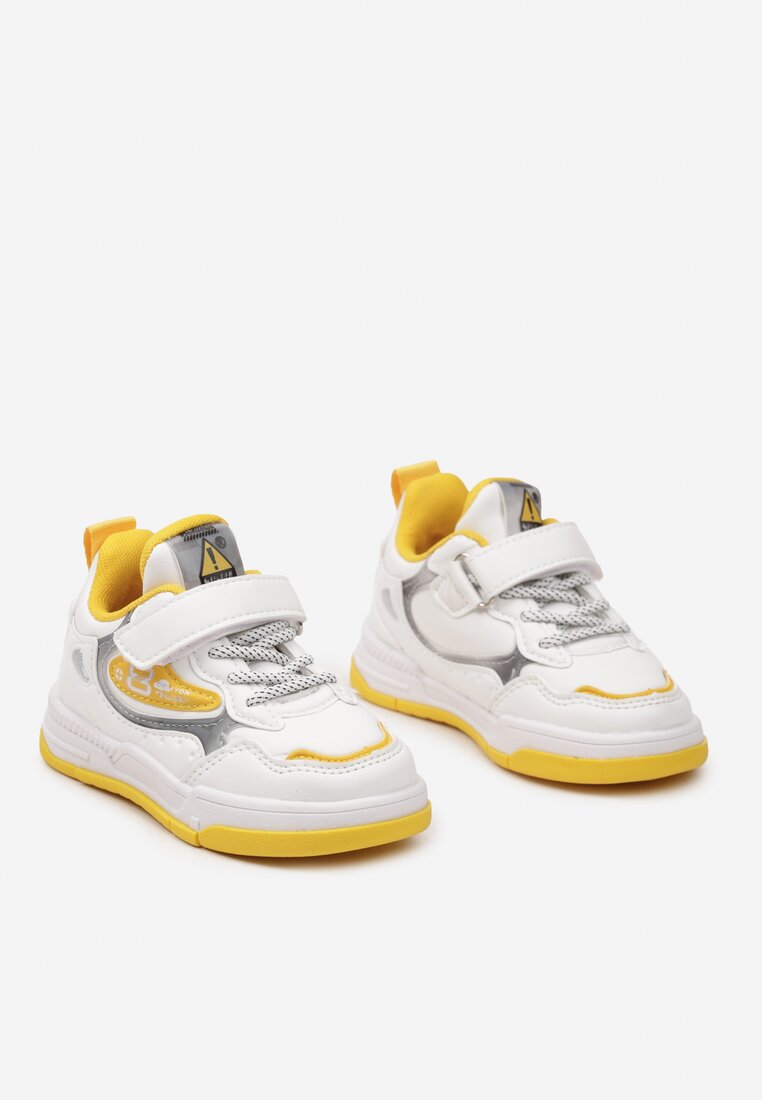 Biało-Żółte Płaskie Buty Sportowe Sneakersy z Geometrycznym Wzorem Adevea