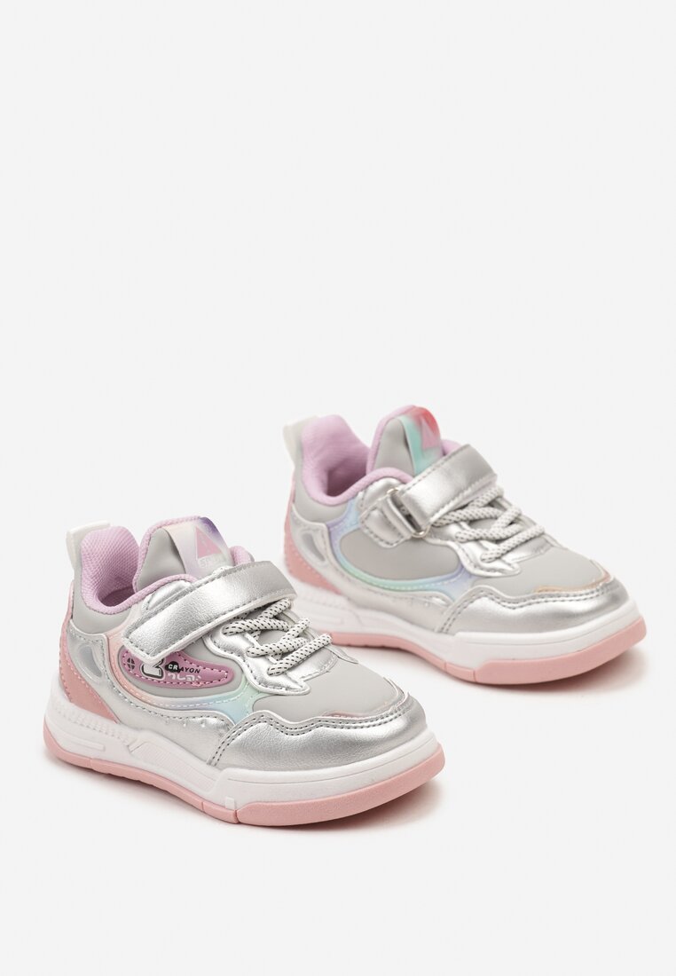 Srebrno-Szare Płaskie Buty Sportowe Sneakersy z Geometrycznym Wzorem Adevea