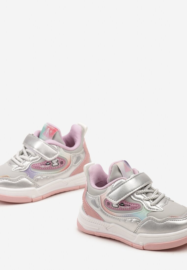 Srebrno-Szare Płaskie Buty Sportowe Sneakersy z Geometrycznym Wzorem Adevea