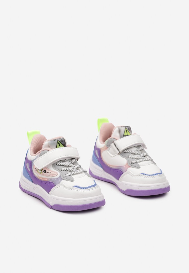 Biało-Fioletowe Płaskie Buty Sportowe Sneakersy z Geometrycznym Wzorem Adevea