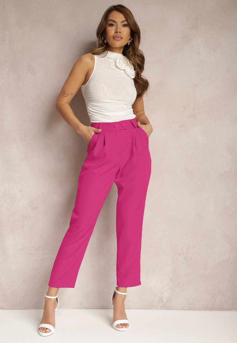 Pantaloni Roz Drepți cu Nasturi și Elastic în Talie Gelarine
