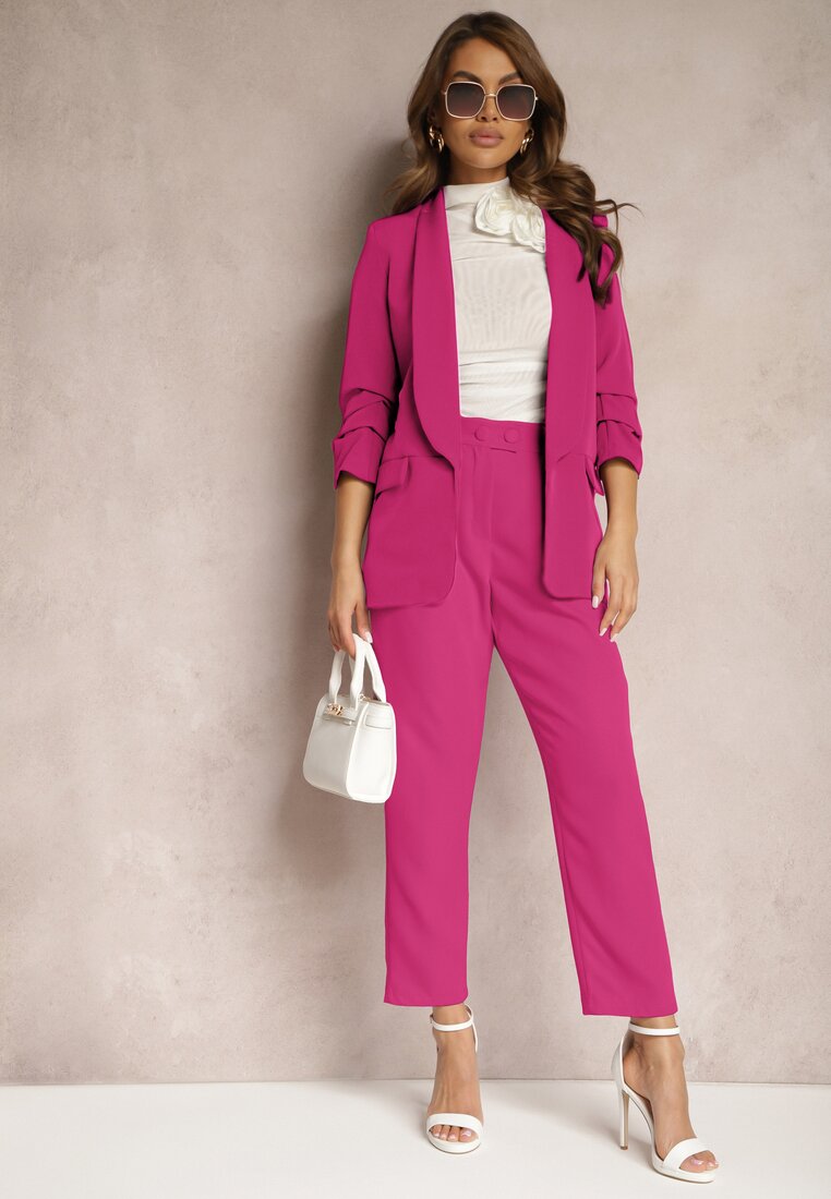Pantaloni Roz Drepți cu Nasturi și Elastic în Talie Gelarine