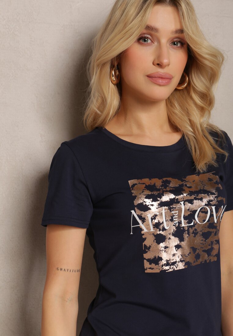 Granatowy T-shirt z Bawełny z Nadrukiem o Metalicznym Połysku Abiana