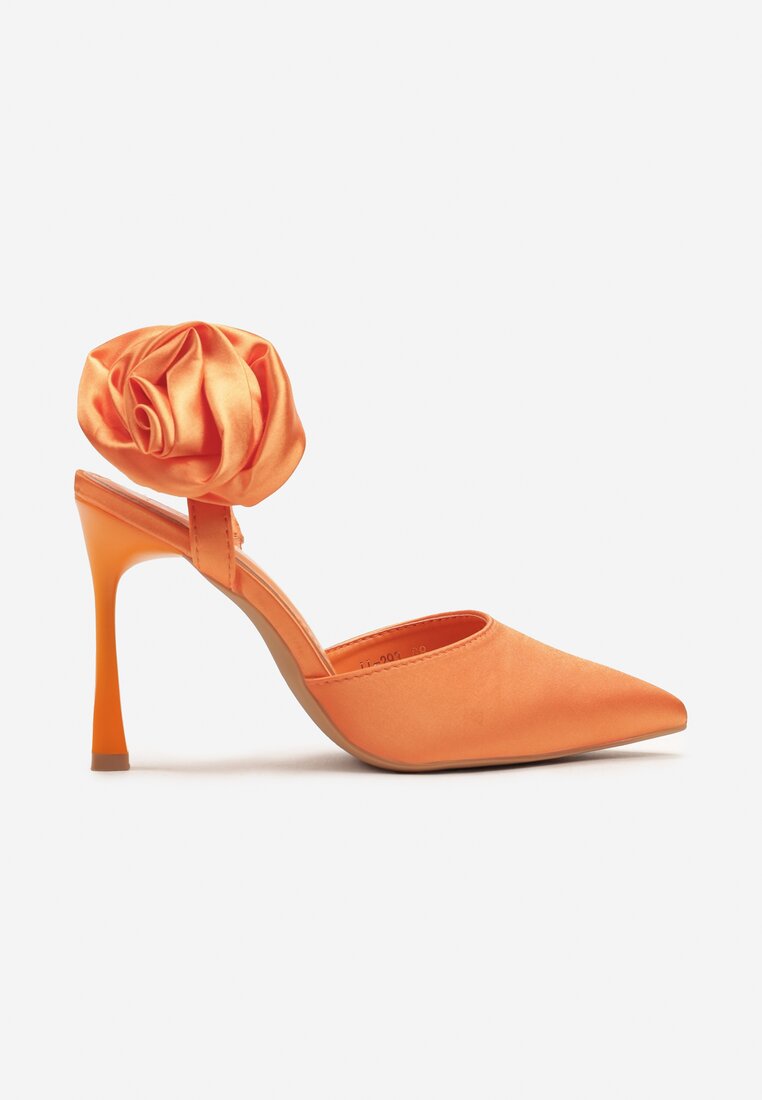 Pomarańczowe Wsuwane Sandały na Szpilce z Paskiem Podtrzymującym z Tyłu i Ozdobnym Kwiatem Zatarra