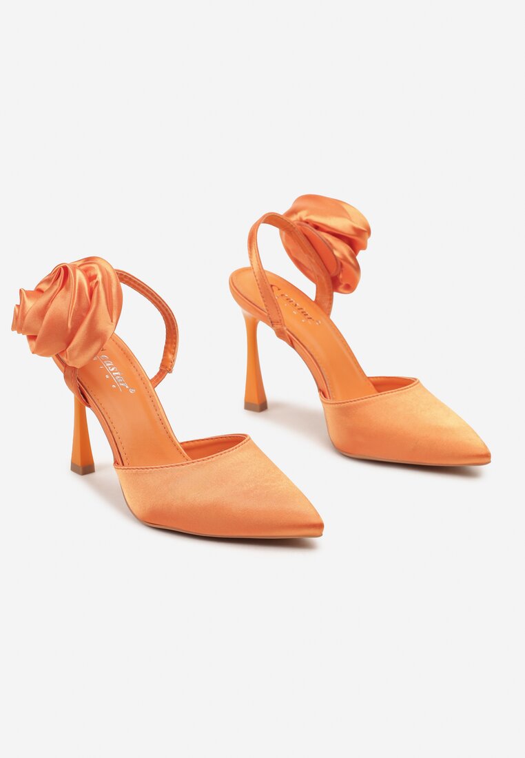 Pomarańczowe Wsuwane Sandały na Szpilce z Paskiem Podtrzymującym z Tyłu i Ozdobnym Kwiatem Zatarra