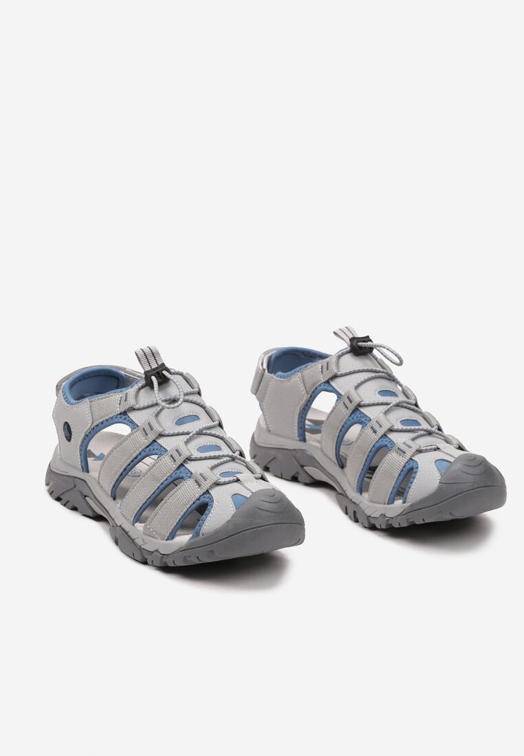 Szaro-Niebieskie Sandały ze Skórzaną Wkładką na Antypoślizgowej Podeszwie z Rzepami i Sznurowaniem Moamia