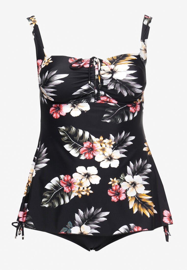 Czarny Strój Kąpielowy Dwuczęściowy Tankini z Topem w Kwiaty Nalaria