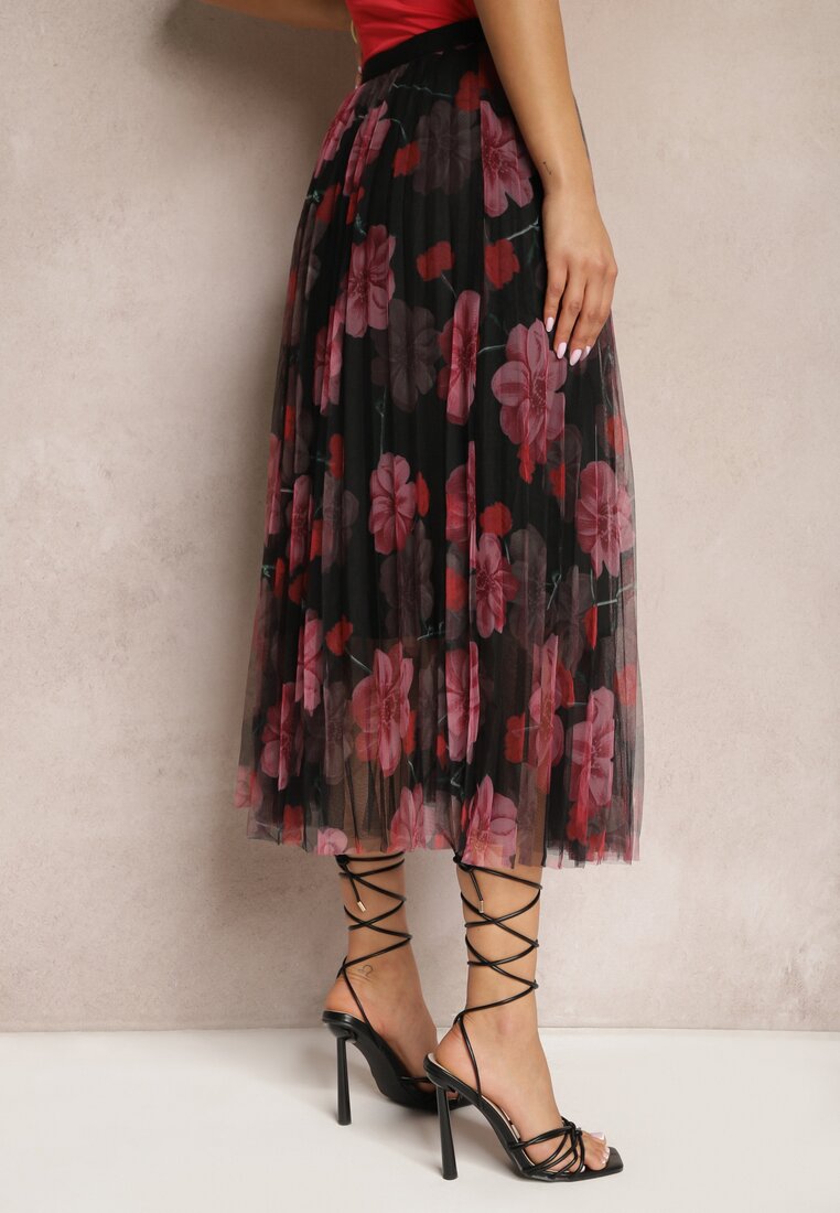 Czarno-Różowa Plisowana Spódnica High Waist z Kwiatowym Printem Frosa