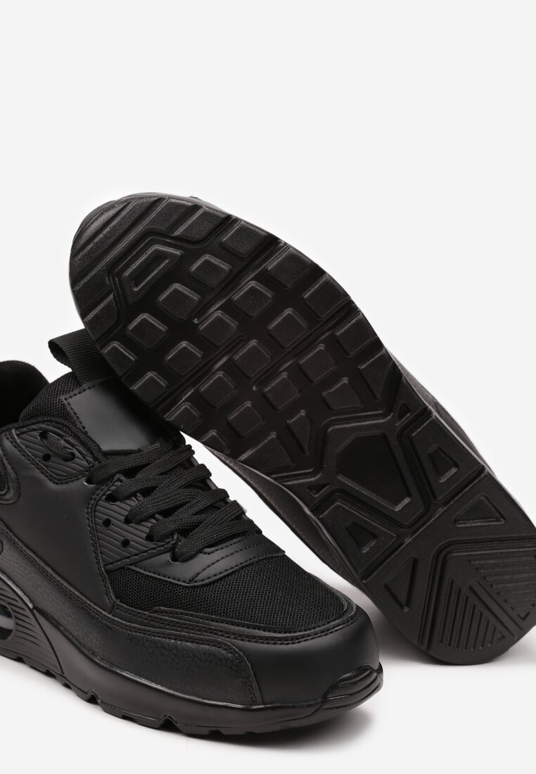 Czarne Sneakersy z Ekoskóry ze Sznurowaniami i Podeszwą Typu Air Walana