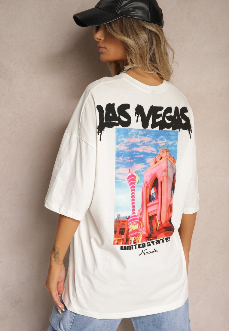 Biało-Kremowa Koszulka T-shirt o Kroju Oversize z Kolorowym Nadrukiem na Plecach Tarimea