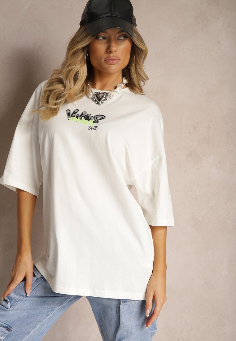 Biało-Kremowa Koszulka T-shirt o Kroju Oversize z Kolorowym Nadrukiem na Plecach Tarimea