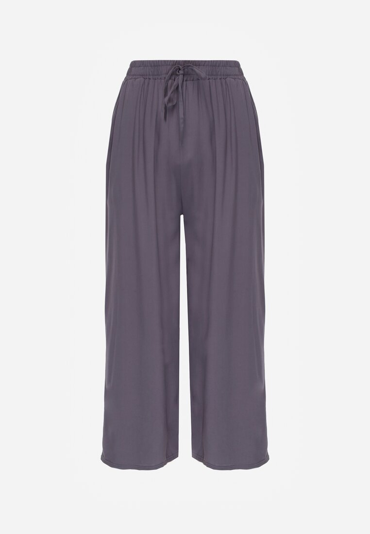 Pantaloni gri închis din bumbac tip Palazzo cu elastic în talie Fieana