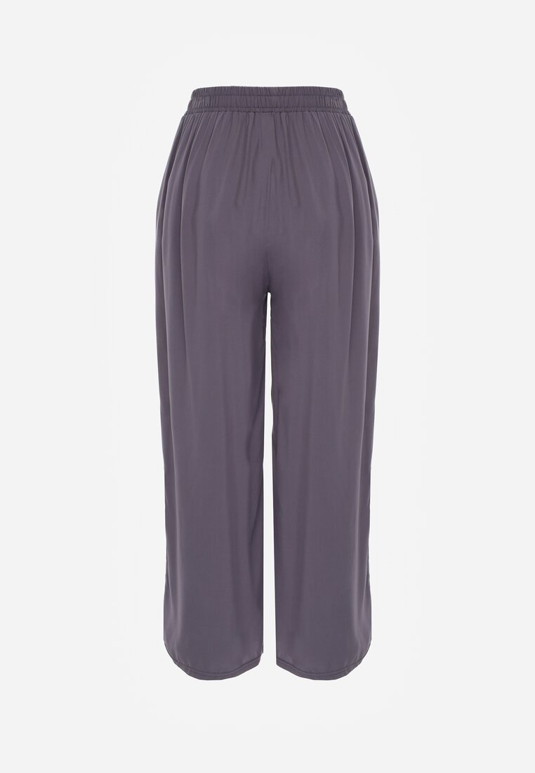 Pantaloni gri închis din bumbac tip Palazzo cu elastic în talie Fieana