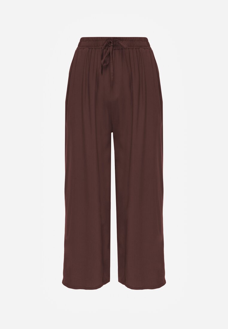 Pantaloni maro din bumbac tip Palazzo cu elastic în talie Fieana