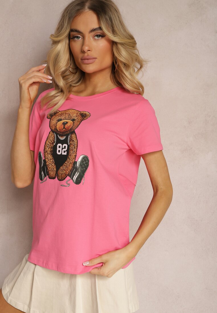 Różowy T-shirt Koszulka z Krótkim Rękawem z Bawełny Ozdobiona Nadrukiem Xanest