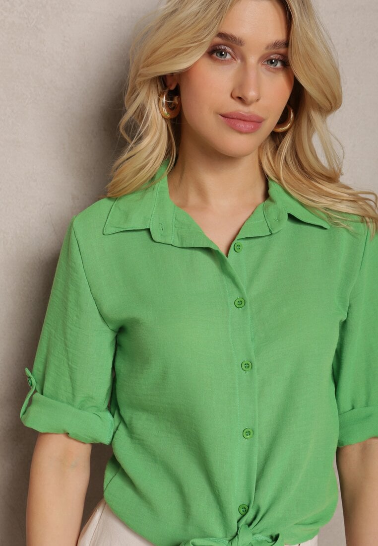 Zielona Koszula z Rękawami z Możliwością Podpięcia Wiązana na Dole Zapinana na Guziki Sanesria