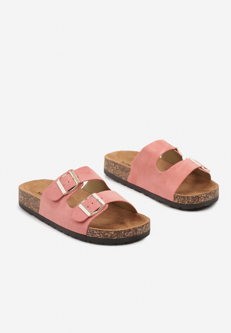 Różowe Klapki z Imitacji Zamszu na Podeszwie z Korka i Regulowanymi Paskami Naloenma