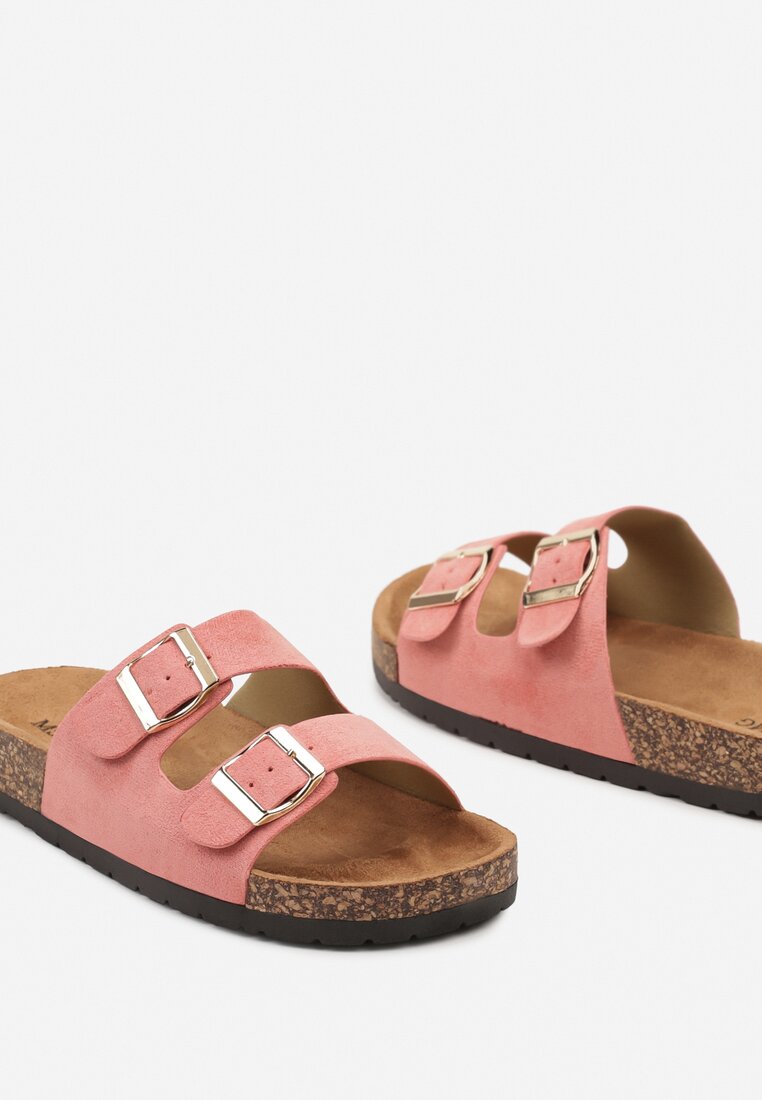 Różowe Klapki z Imitacji Zamszu na Podeszwie z Korka i Regulowanymi Paskami Naloenma