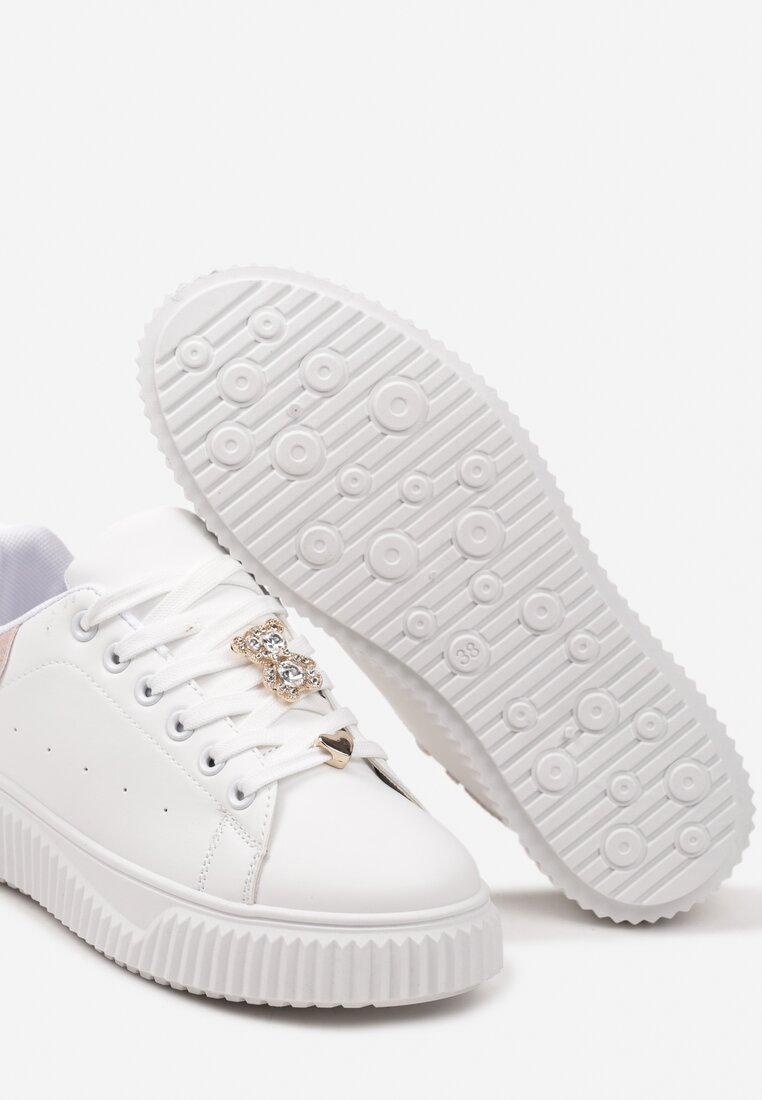 Biało-Różowe Sneakersy na Niskiej Platformie ze Wstawką z Ekozamszu i Złotym Misiem Nleona