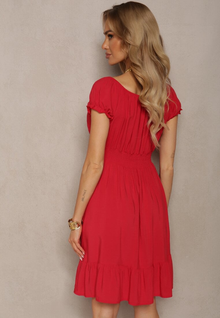 Czerwona Sukienka z Wiskozy z Gumkami w Talii i Dekoltem ze Ściągaczem Tiimazela