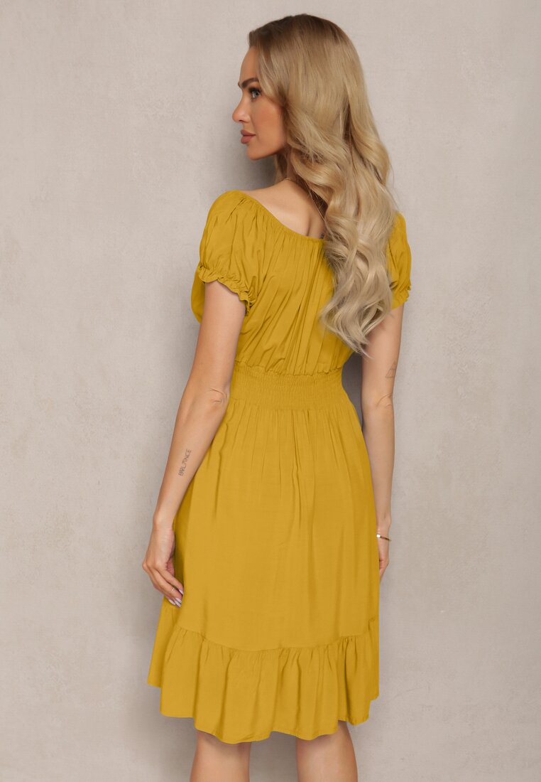 Żółta Sukienka z Wiskozy z Gumkami w Talii i Dekoltem ze Ściągaczem Tiimazela