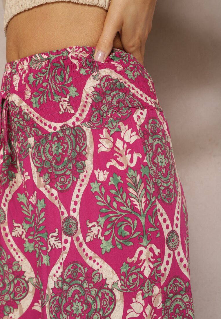 Ciemnofioletowe Spodnie Szerokie z Wiskozy w Ornamentalny Wzór High Waist Cramelia