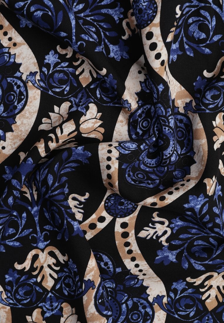 Czarno-Granatowe Spodnie Szerokie z Wiskozy w Ornamentalny Wzór High Waist Cramelia