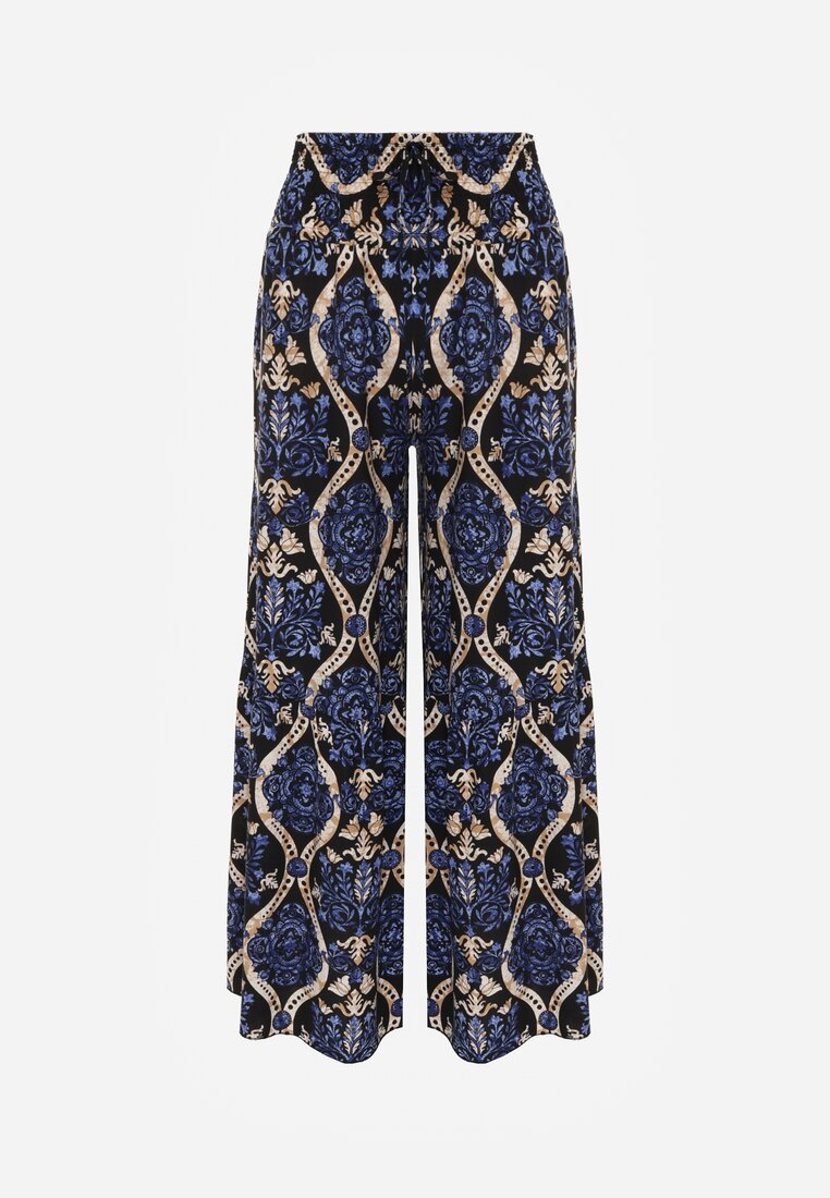 Czarno-Granatowe Spodnie Szerokie z Wiskozy w Ornamentalny Wzór High Waist Cramelia