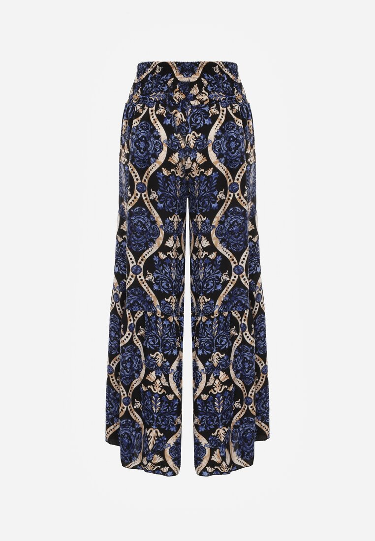 Czarno-Granatowe Spodnie Szerokie z Wiskozy w Ornamentalny Wzór High Waist Cramelia