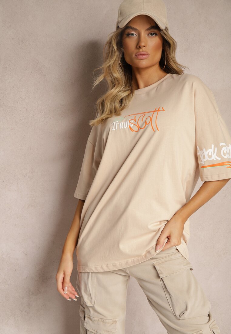 Beżowa Koszulka T-shirt Oversize z Nadrukiem z Elastycznej Bawełny Taralise