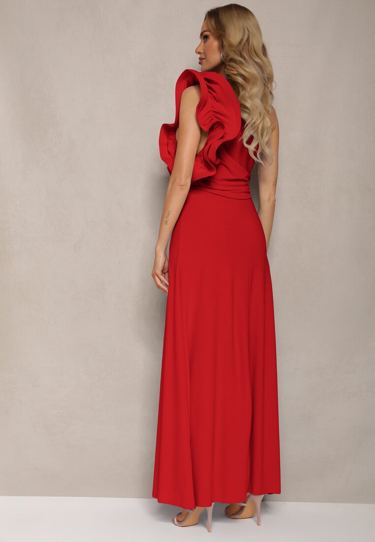 Czerwona Rozkloszowana Sukienka Asymetryczna z Dużymi Falbanami przy Ramionach Cevada