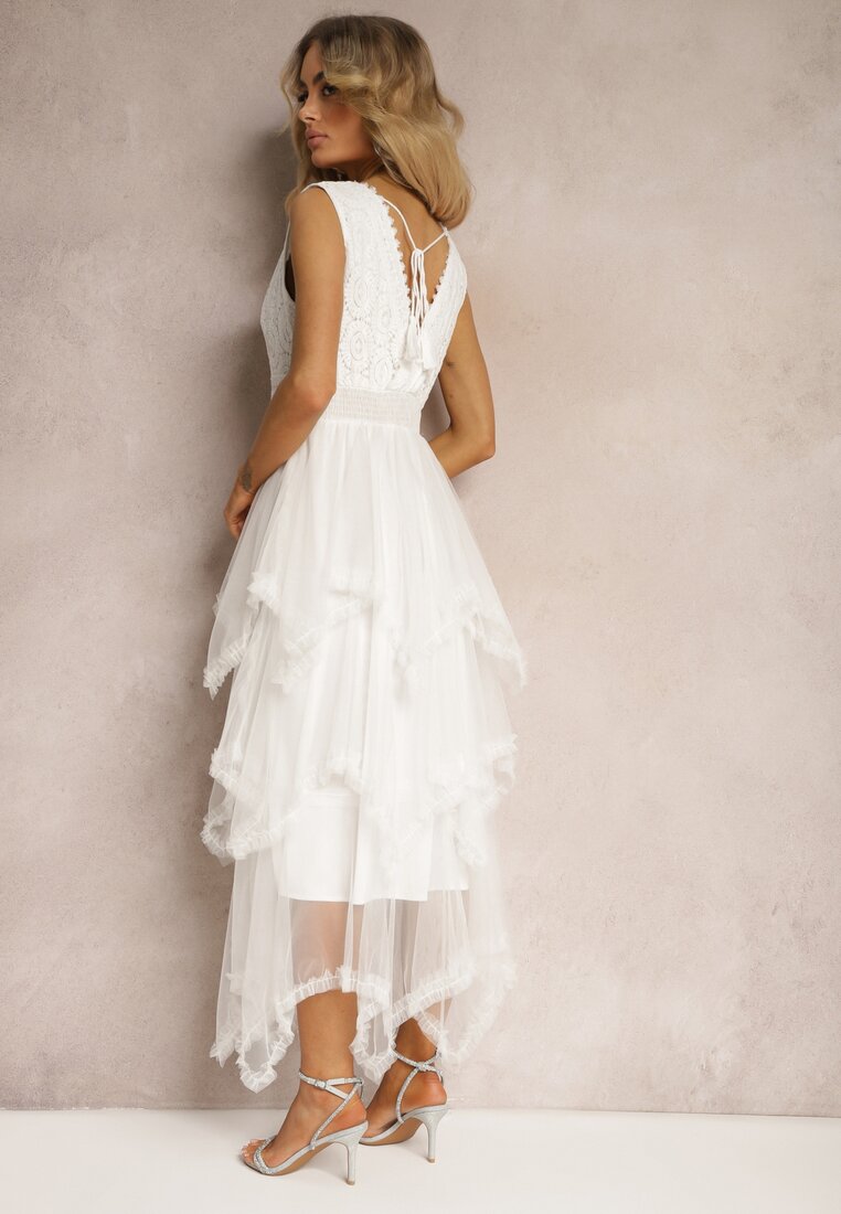 Biała Asymetryczna Sukienka Kopertowa z Wiązaniem na Plecach Driolla