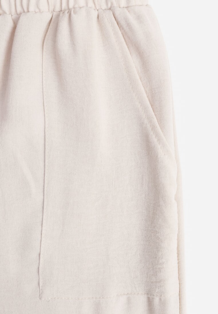 Beżowe Spodnie High Waist ze Sznurkiem w Talii i Prostą Nogawką Raveann