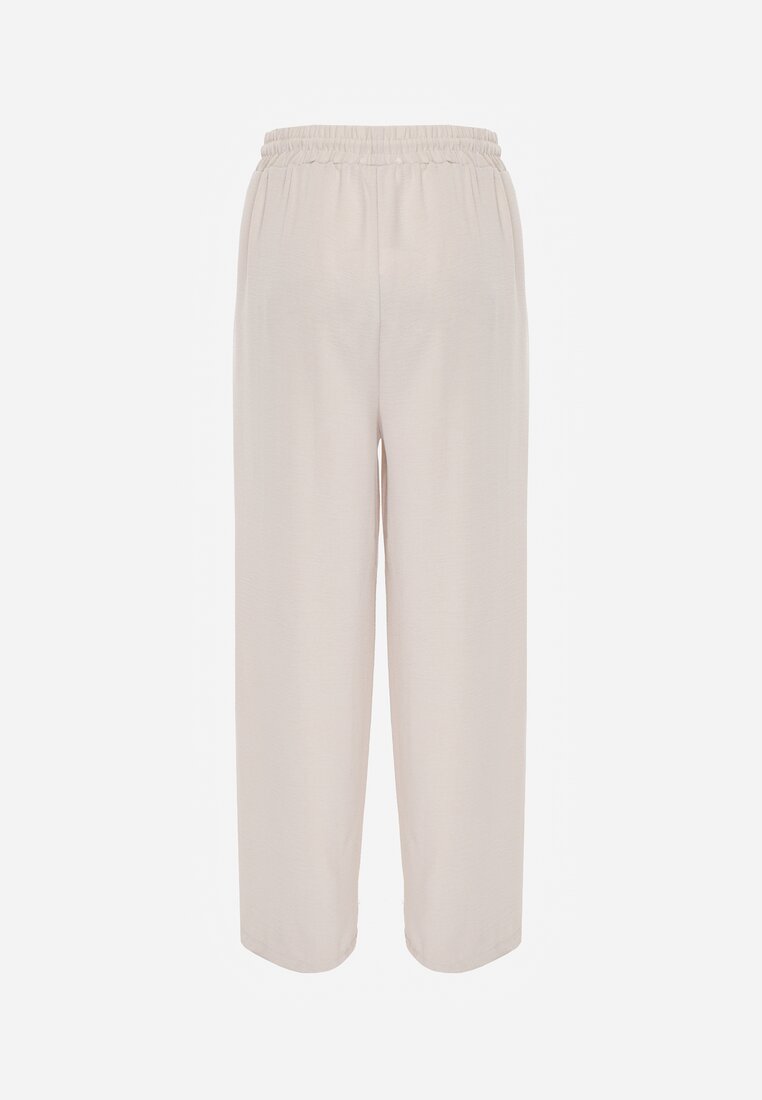 Beżowe Spodnie High Waist ze Sznurkiem w Talii i Prostą Nogawką Raveann