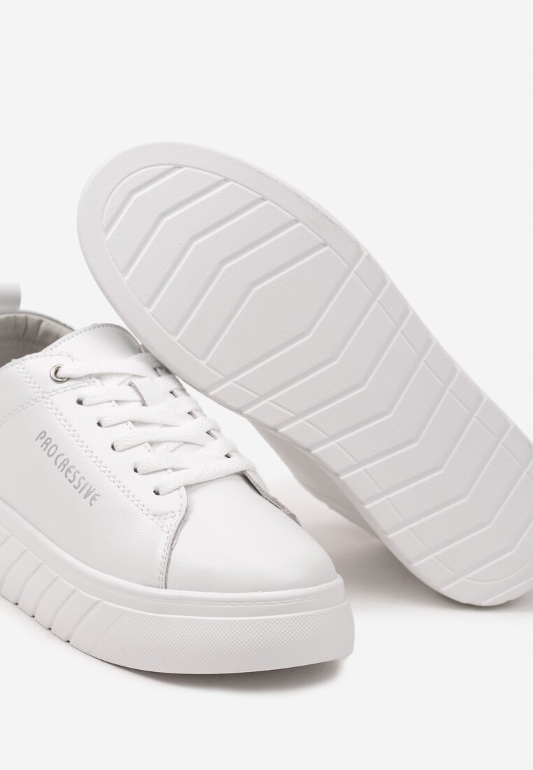 Białe Płaskie Sneakersy ze Skóry Naturalnej do Kostki ze Sznurowaniami Weolla