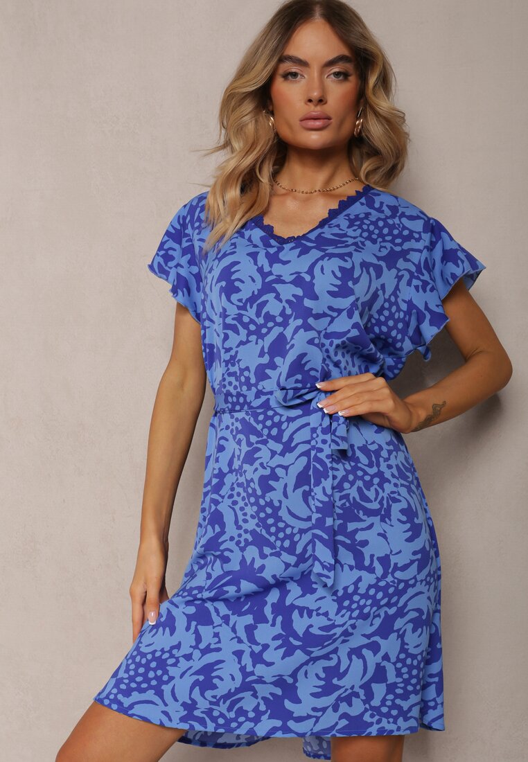 Rochie bleumarin în cutie cu model ornamental cu curea și inserție din dantelă Ceviana