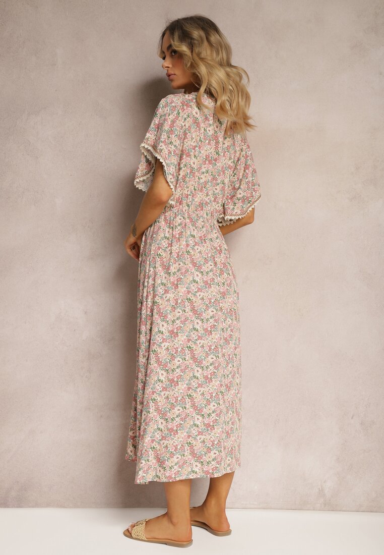 Różowo-Beżowa Wiskozowa Sukienka z Gumką w Talii Ozdobiona Koronką Tiola
